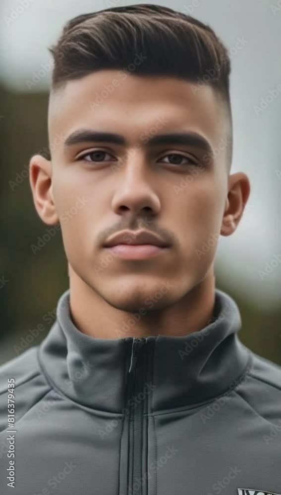 front portrait of a young man with a fade haircut in a sporty tracksu