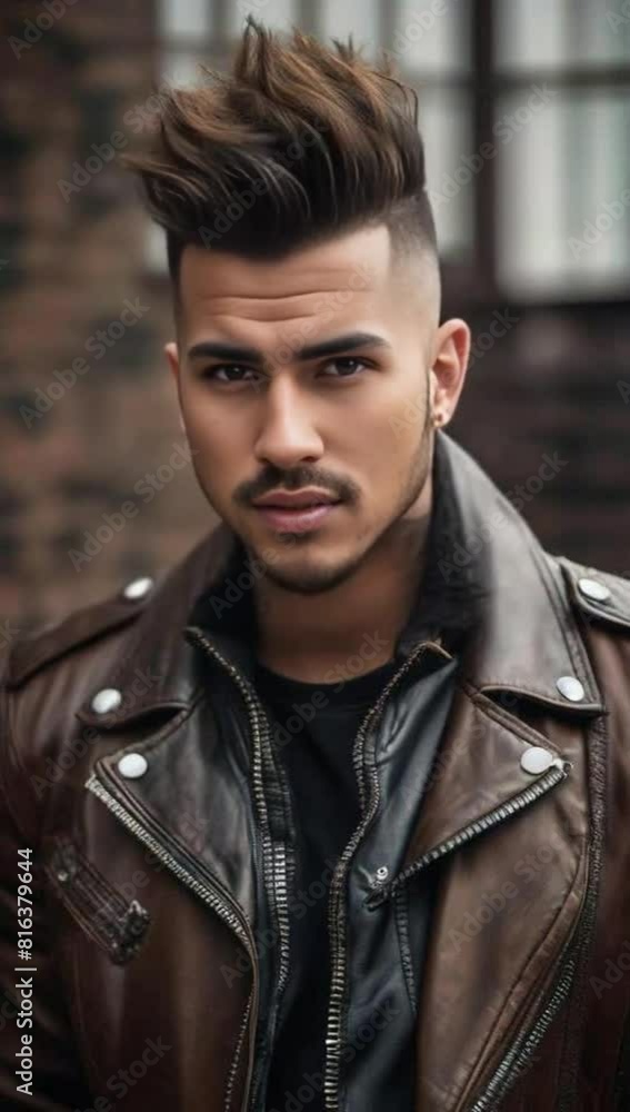 front portrait of a young man with a mohawk hairstyle in a leather ja front portrait of a young man with a mohawk hairstyle in a leather ja