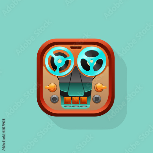 Reel-to-reel tape recorder, retro multimedia device. Stylized volumetric icon, square size, warm brown colors with shadow. Vector illustration.