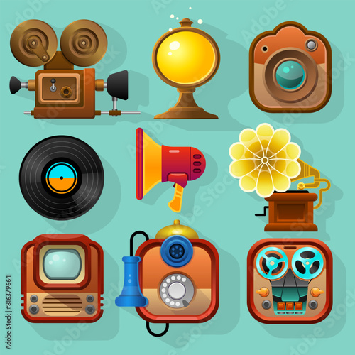 Vintage icons of multimedia devices. Retro technologies such as video photo cameras, gramophone, megaphone, reel-to-reel radio, vinyl record, telephone, antique lamp. Vector illustration.
