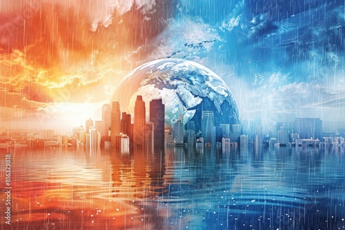 About half of the earth is stormy and rainy, the other side is sunny city, concept on climate change, blue red orange gradient background, double exposure photography mosaic, high resolution