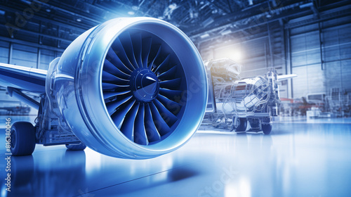 A blue airplane engine is on display in a hangar photo