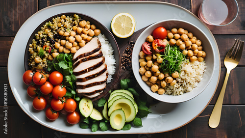 Top view two buddha bowl lemon water Clean balanced healthy food concept Chicken grilled steak rice spicy chickpeas black white quinoa avocado carrot zucchini radish tomatoes wooden table