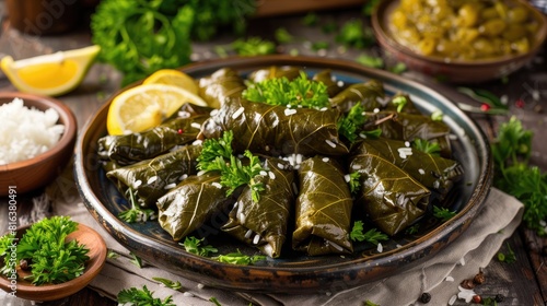 Delightful classic oriental dolma crafted from grape leaves filled with rice served with parsley and lemon slices on a platter photo
