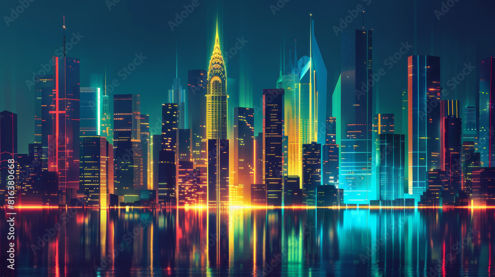 A city skyline is lit up in neon colors, creating a vibrant A city skyline is lit up in neon colors, creating a vibrant