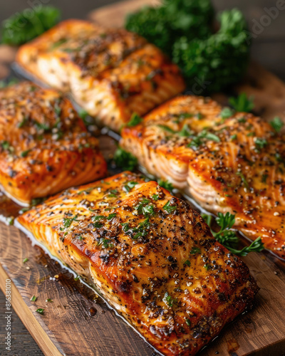 Baked and roasted salmon with herbs, healthy high-protein meal