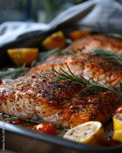 Rustic baked salmon with lemon and herbs, healthy high-protein meal