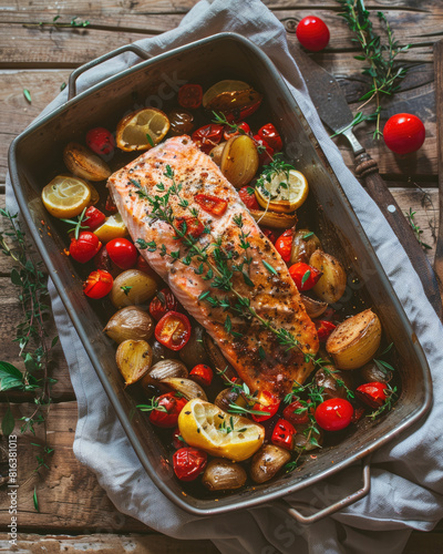 Baked and roasted salmon, healthy high-protein meal