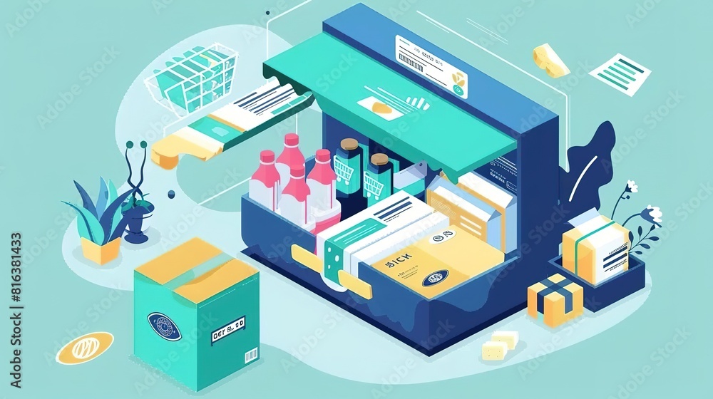 An isometric illustration of a virtual grocery store An isometric illustration of a virtual grocery store