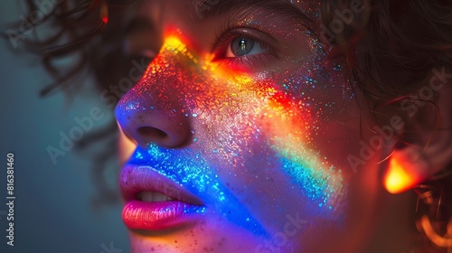 Intensely detailed portrait of a gender-nonconforming individual  rainbow light casting a glow on their face  symbolizing hope and freedom