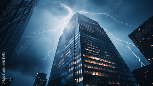 A tall building with a lightning bolt in the sky