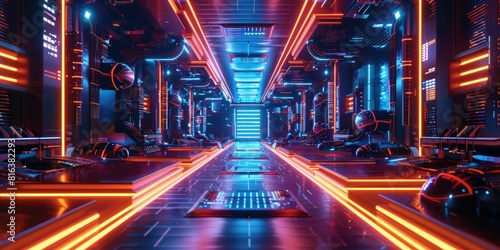 Futuristic corridor glowing with neon tech vibes photo