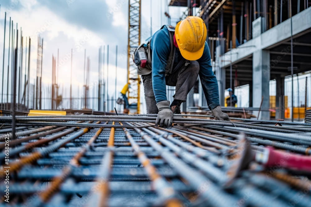 Worker laying rebar at construction site Worker laying rebar at construction site