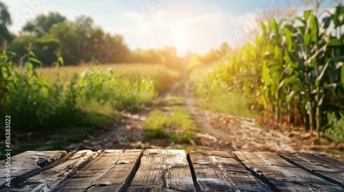 Empty wooden table top with blurred background of corn field and dirt road on the farm for product display montage  realistic photography sunny light.
