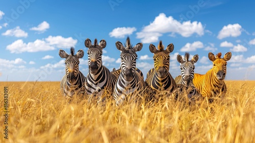 Group of wild zebras in the African savanna against the beautiful blue sky with white clouds. Wildlife of Africa. Tanzania. Serengeti national park. African landscape. © Huseyn
