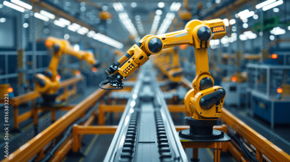 Advanced robotic arms operating on an automated manufacturing line in a modern industrial factory. Advanced robotic arms operating on an automated manufacturing line in a modern industrial factory.