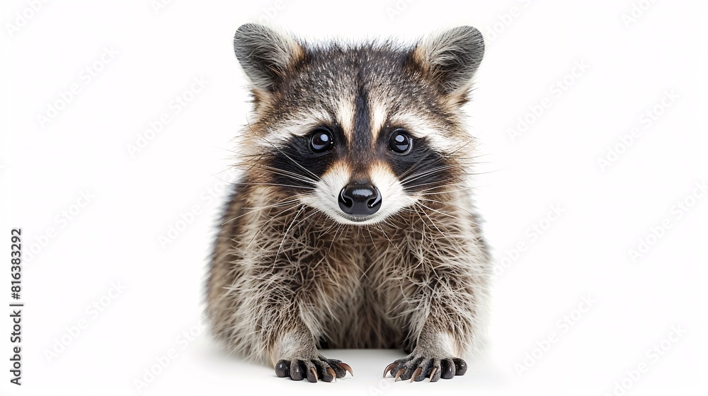 Close-up portrait of a cute, funny raccoon, isolated on a white background.