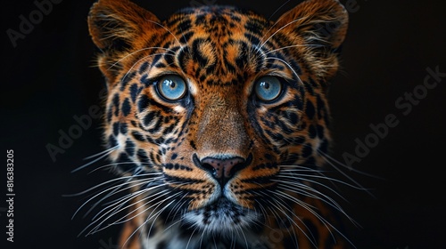 Close-up portrait of a majestic leopard, showcasing its striking rosette-patterned fur, piercing golden eyes, and powerful, muscular build. © Huseyn