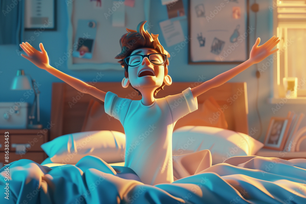 Cartoon boy wake up and stretch Lazily at morning in bed and window ...