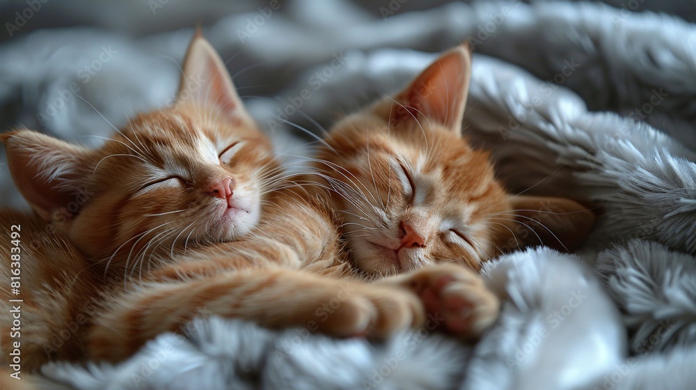 Cute red kitten sleeping on a white fur blanket. Cute red kitten sleeping on a white fur blanket.