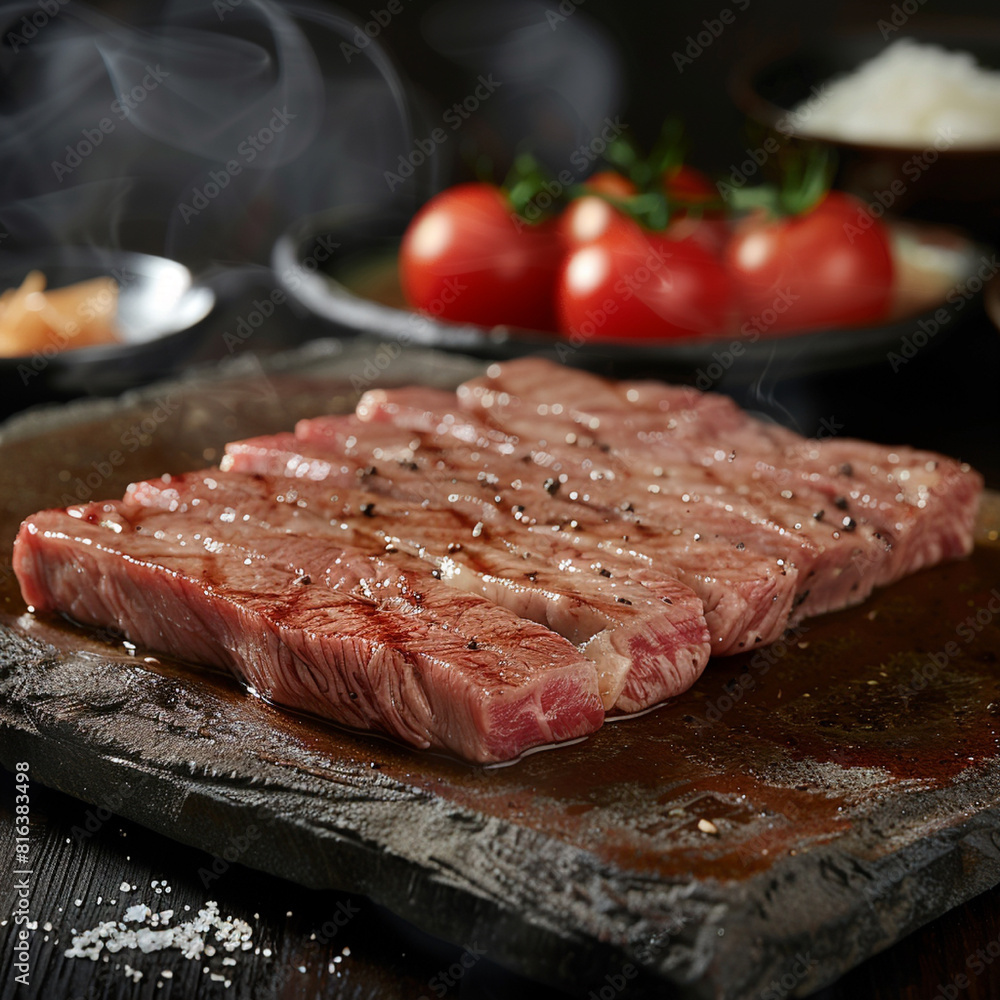 
Realistic photo of Wagyu beef steak menu with medium rare doneness, Japanese restaurant background