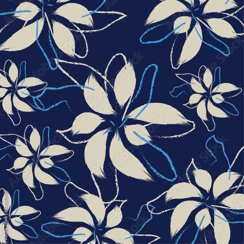 Floral textile tropical bicolor flower and leaves miniprint flowers geometric textile cloth. Seamless hand drawing pattern style in vector