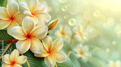 Close-up of dew-covered frangipani flowers  showcasing their delicate beauty in soft morning light.