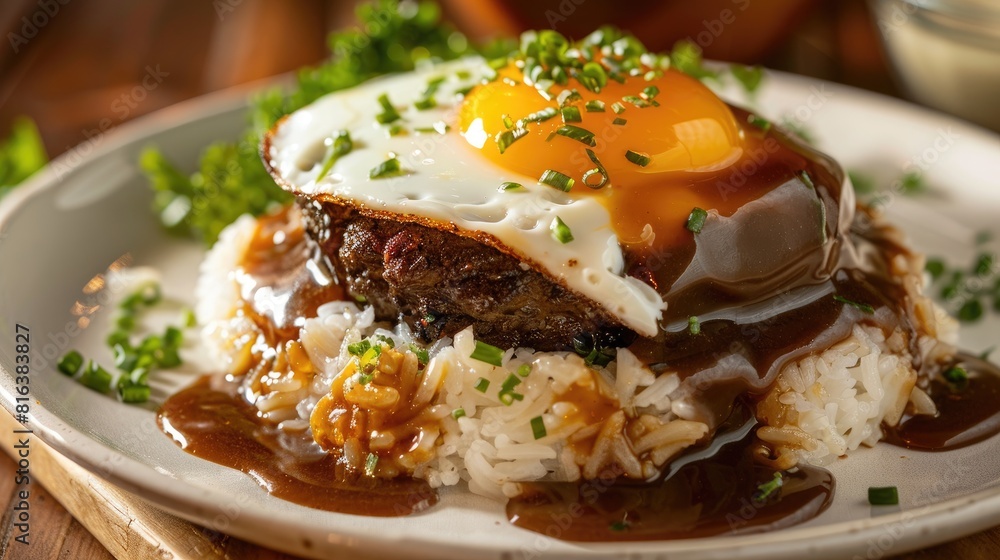 Hawaiian Favorite Loco Moco A Tasty Combination of Rice Hamburger Steak Egg and Gravy on a Plate Hawaiian Favorite Loco Moco A Tasty Combination of Rice Hamburger Steak Egg and Gravy on a Plate