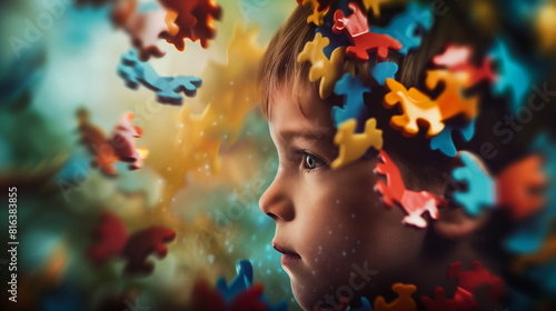 portrait of a child face and color puzzle. world autism awareness day or month concept.