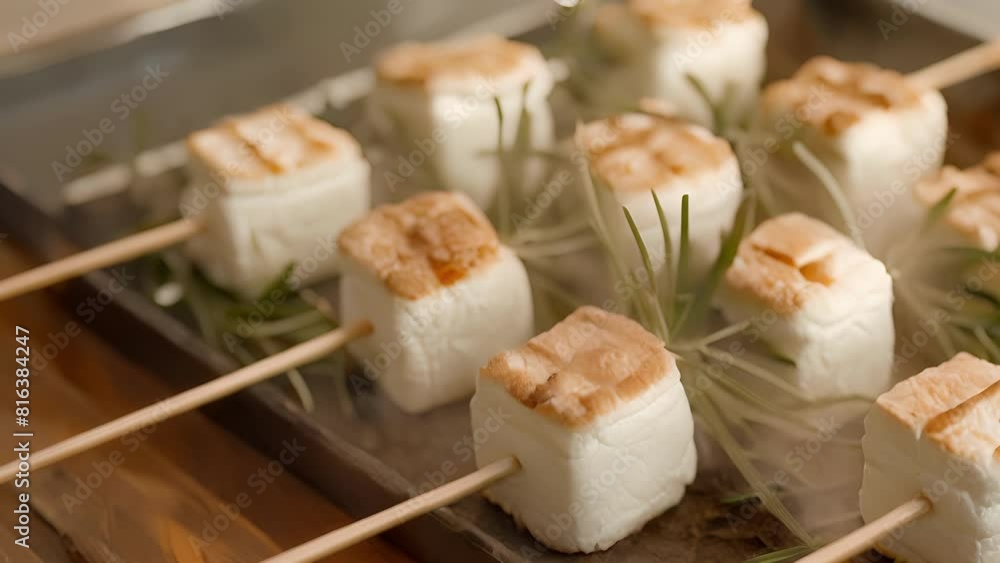 Marshmallows skewered on long rosemary sticks giving a subtle herb flavor to the gooey dessert. Marshmallows skewered on long rosemary sticks giving a subtle herb flavor to the gooey dessert.