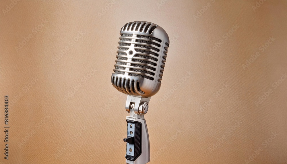 Fototapeta premium Vintage chrome microphone on a stand against a solid orange background.