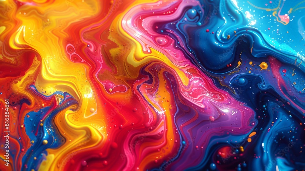 Vivid and colorful abstract painting with vibrant hues of red, blue, yellow, and pink. Vivid and colorful abstract painting with vibrant hues of red, blue, yellow, and pink.