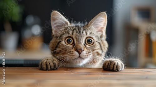 A curious cat with wide eyes peers over the edge of a table, eager to know what's going on.