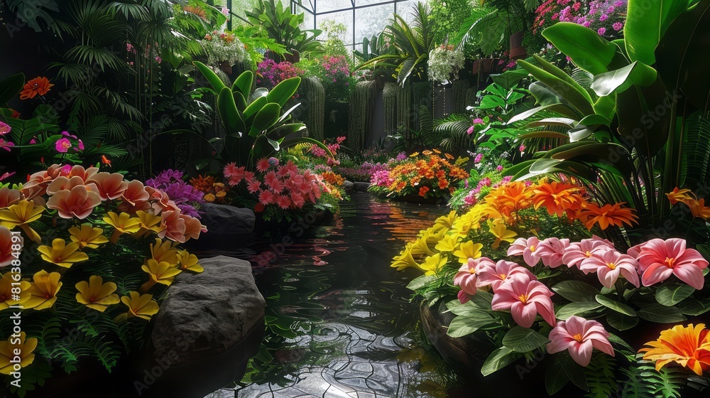 A beautiful indoor garden with a pond, surrounded by lush greenery and colorful flowers.