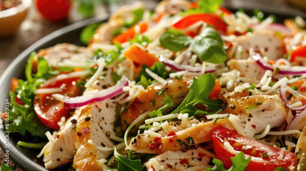 Fresh chicken salad with cheese in a close up view Fresh chicken salad with cheese in a close up view