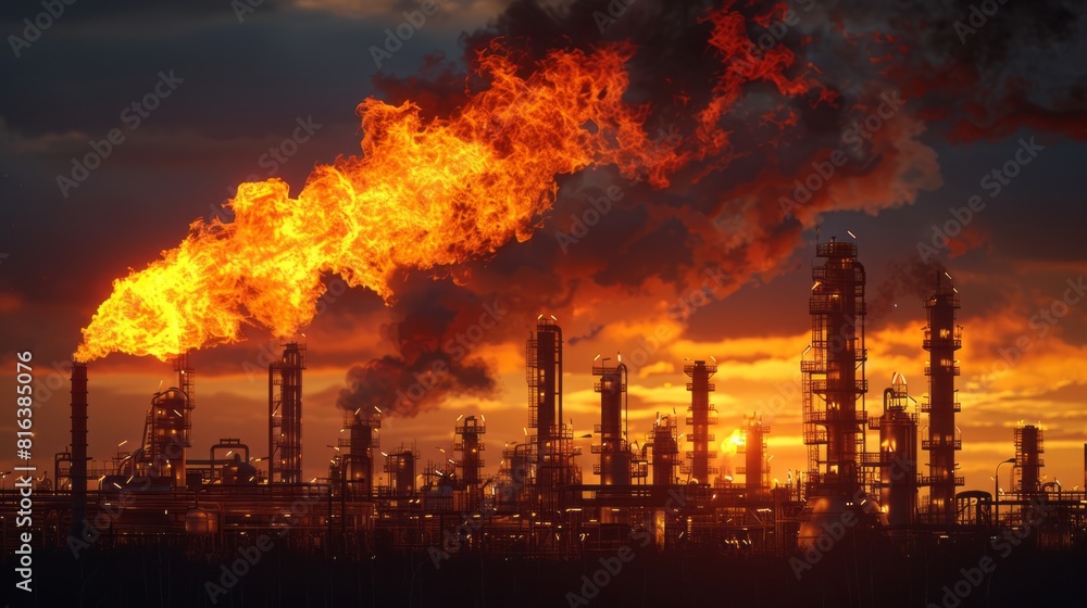 Fire at an oil refinery at night.
