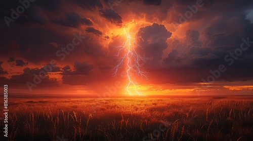 A powerful lightning storm rages over a field of wheat, illuminating the landscape with a brilliant display of light. photo