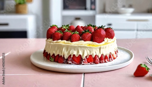 Strawberry cake on the kitchen table.