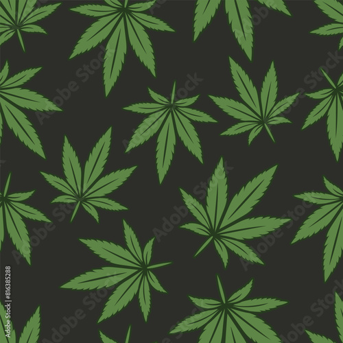 Vector Seamless Pattern with Flat Cannabis Leaves. Hemp, Cannabis Green Leaf on Black Background. Seamless Print with Medical Marijuana. Vector Illustration