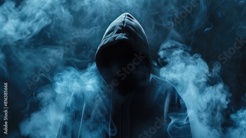 Hooded man in a dark background with smoke, a mysterious and unsplit face concept. Hiding his identity or identity #816385666