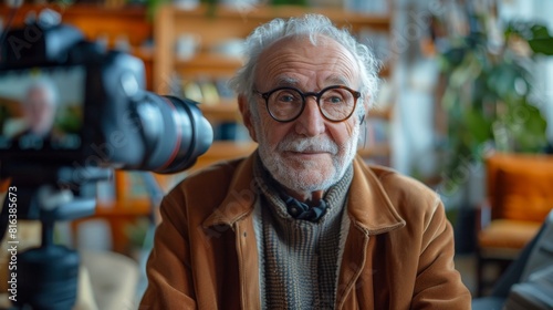 portrait of an elderly Caucasian man 70 -79 years old sitting in front of the camera recording a blog. retired blogger in front of the camera photo