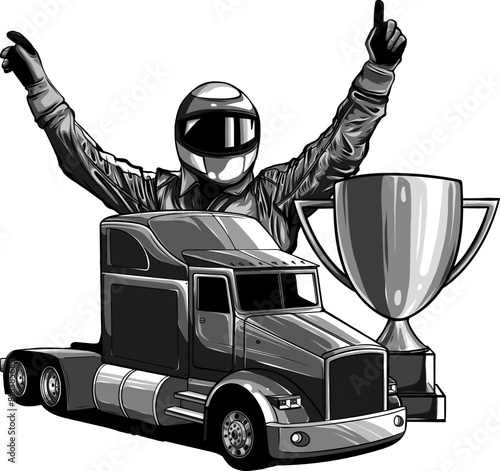 vector monochrome set of a truck with pilot and cup