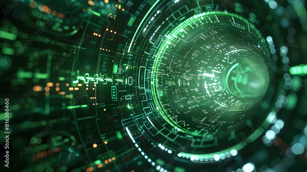 Captivating Digital Encryption Hologram with Vibrant Green Lights and Futuristic Software Interface