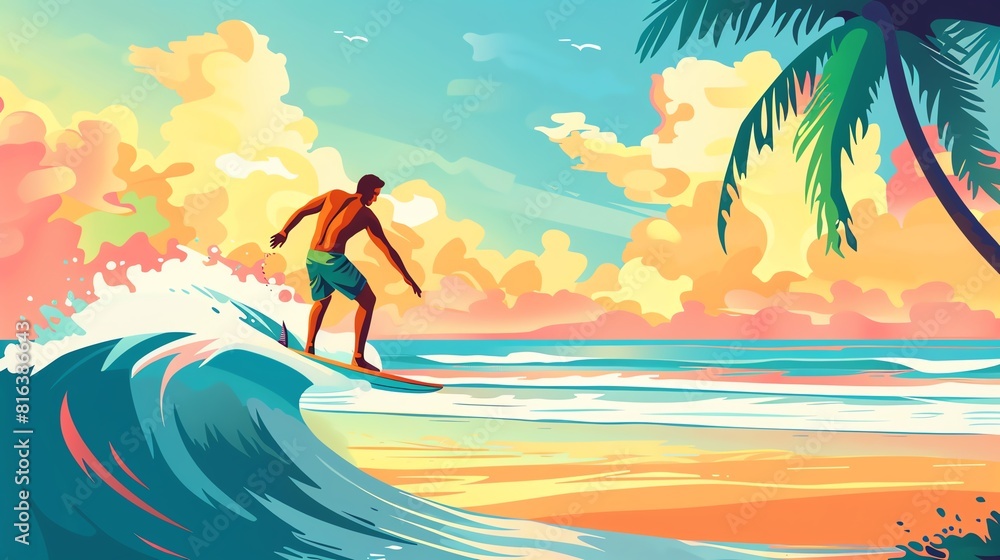 Surfing flat design side view, beach theme, cartoon drawing, vivid Surfing flat design side view, beach theme, cartoon drawing, vivid