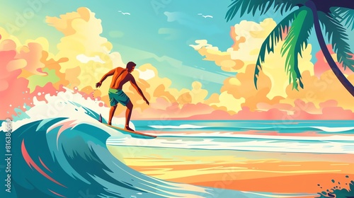 Surfing flat design side view  beach theme  cartoon drawing  vivid