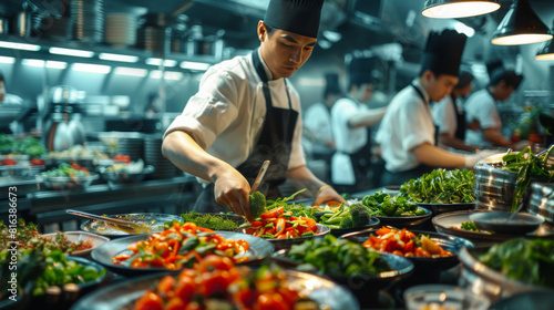 A focused young Asian chef arranges fresh vegetables on plates in a bustling commercial kitchen.