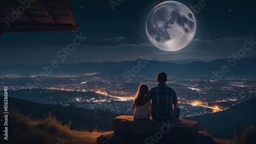 Pai e filha de costas, observam a lua e as luzes da cidade abaixo. photo