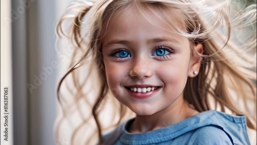 Garotinha caucasiana, olhos azuis, sorrindo