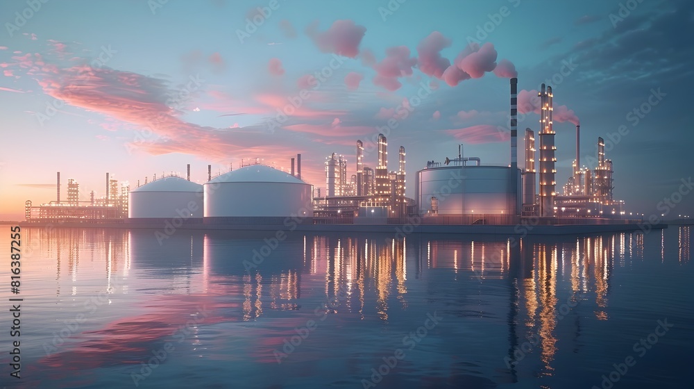 Expansive Oil and Gas Refinery Facility with Towering Storage Tanks and Infrastructure Expansive Oil and Gas Refinery Facility with Towering Storage Tanks and Infrastructure