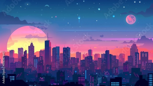 Twilight cityscape flat design side view  urban theme  animation  Splitcomplementary color scheme